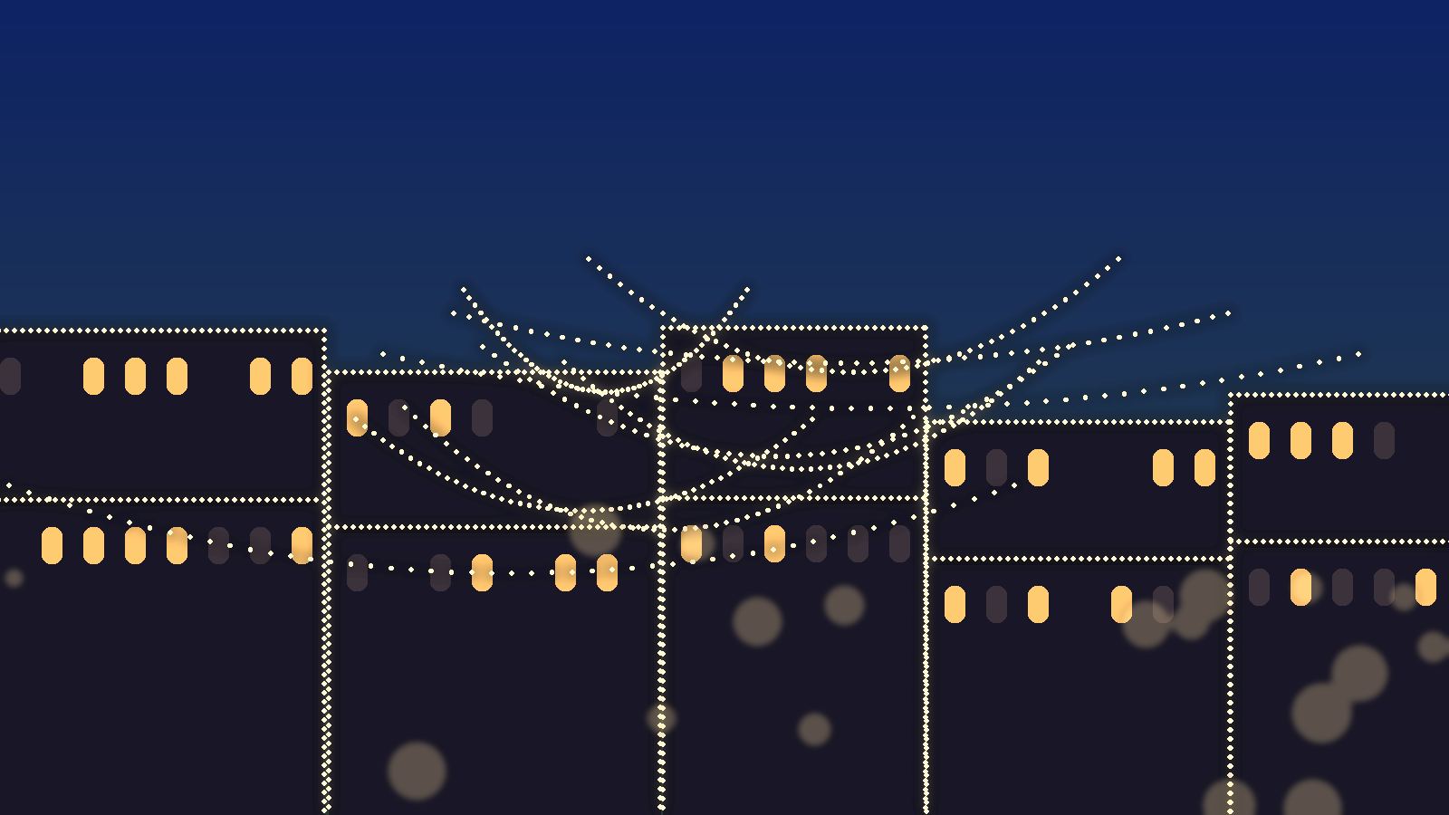 Illustration of historic buildings strung with white holiday lights at night