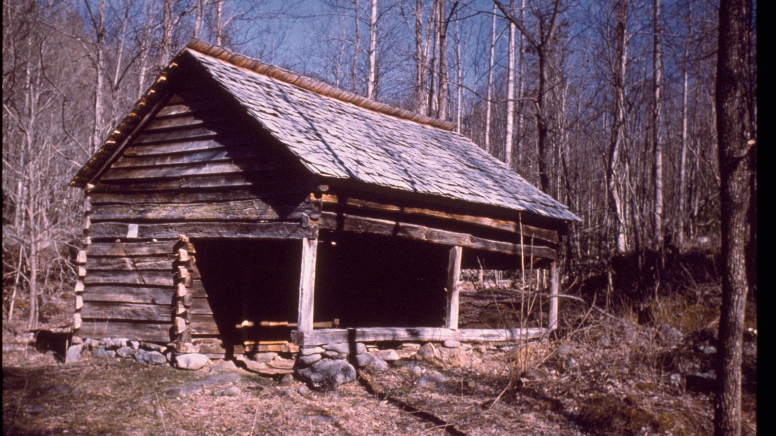 A weathered log cabin among bare trees in Great Smoky Mountains National Park