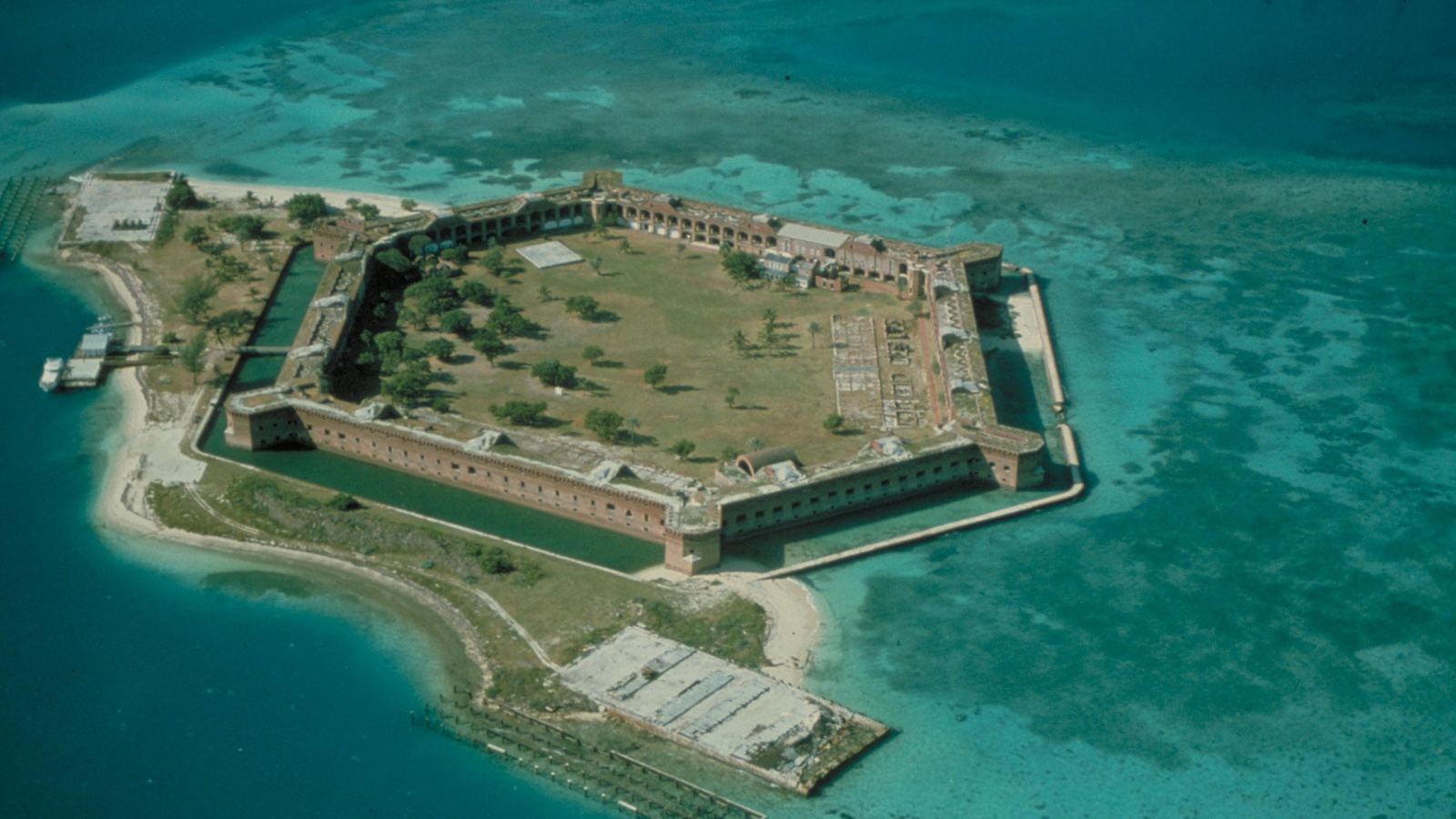 Aerial view of hexagonal Fort Jefferson on Garden Key in turquoise water, Dry Tortugas National Park
