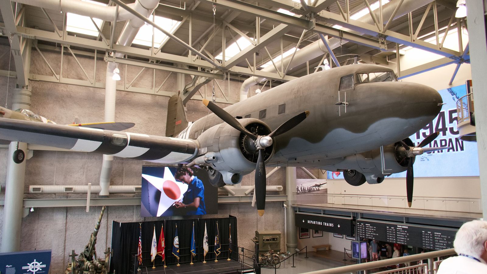 A World War II bomber suspended inside a pavilion at the National WWII Museum in New Orleans