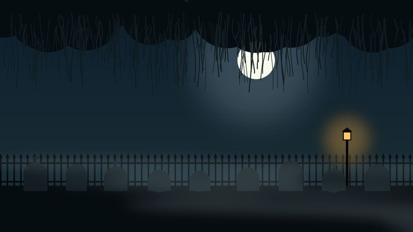 Illustration of an old graveyard fence under a full moon with a single gas lamp