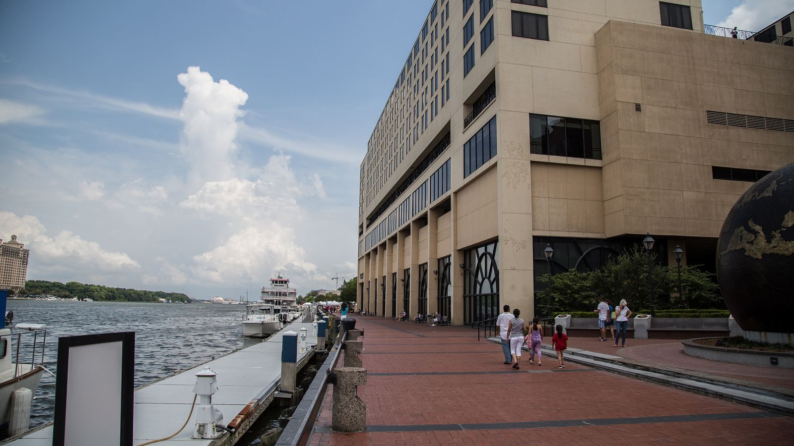 The brick riverwalk along River Street in Savannah beside the Savannah River