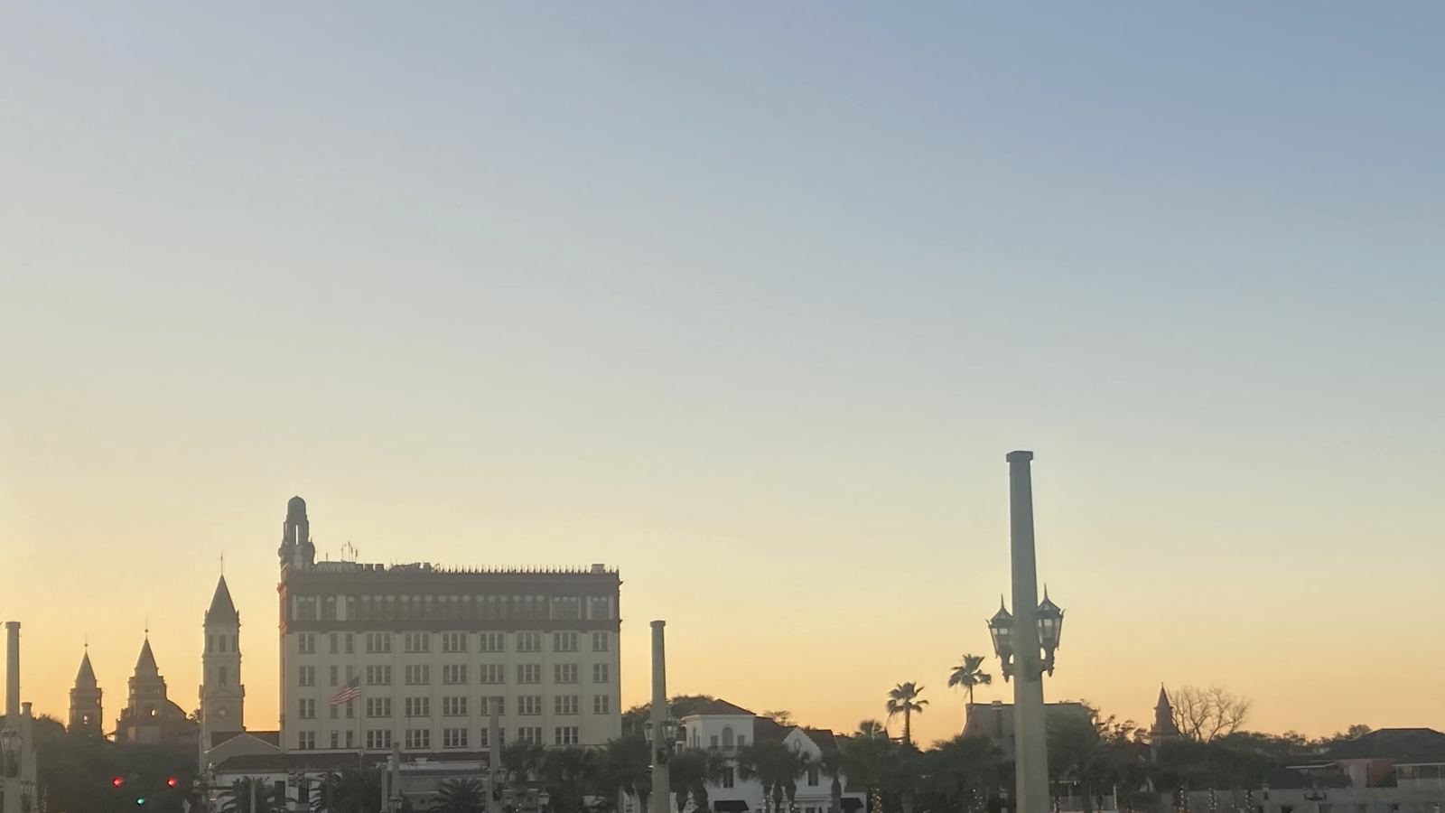 St. Augustine skyline at sunset, seen from the Bridge of Lions